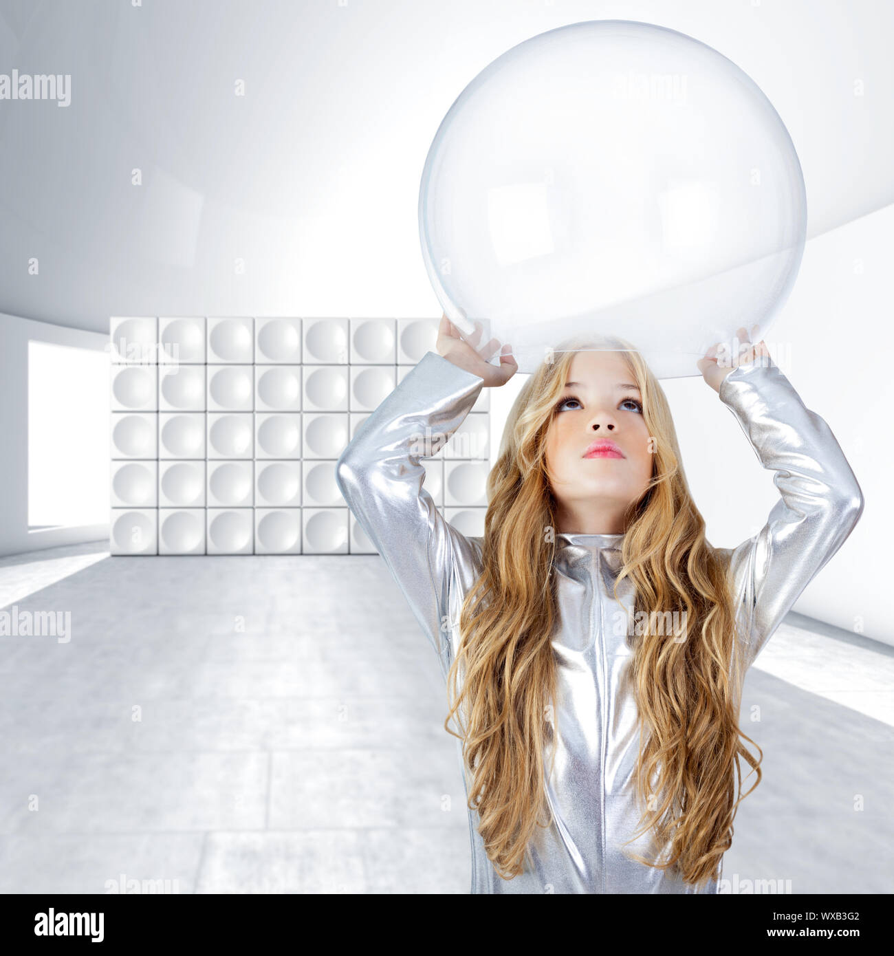 Astronaut children girl with glass bubble helmet on futuristic indoor