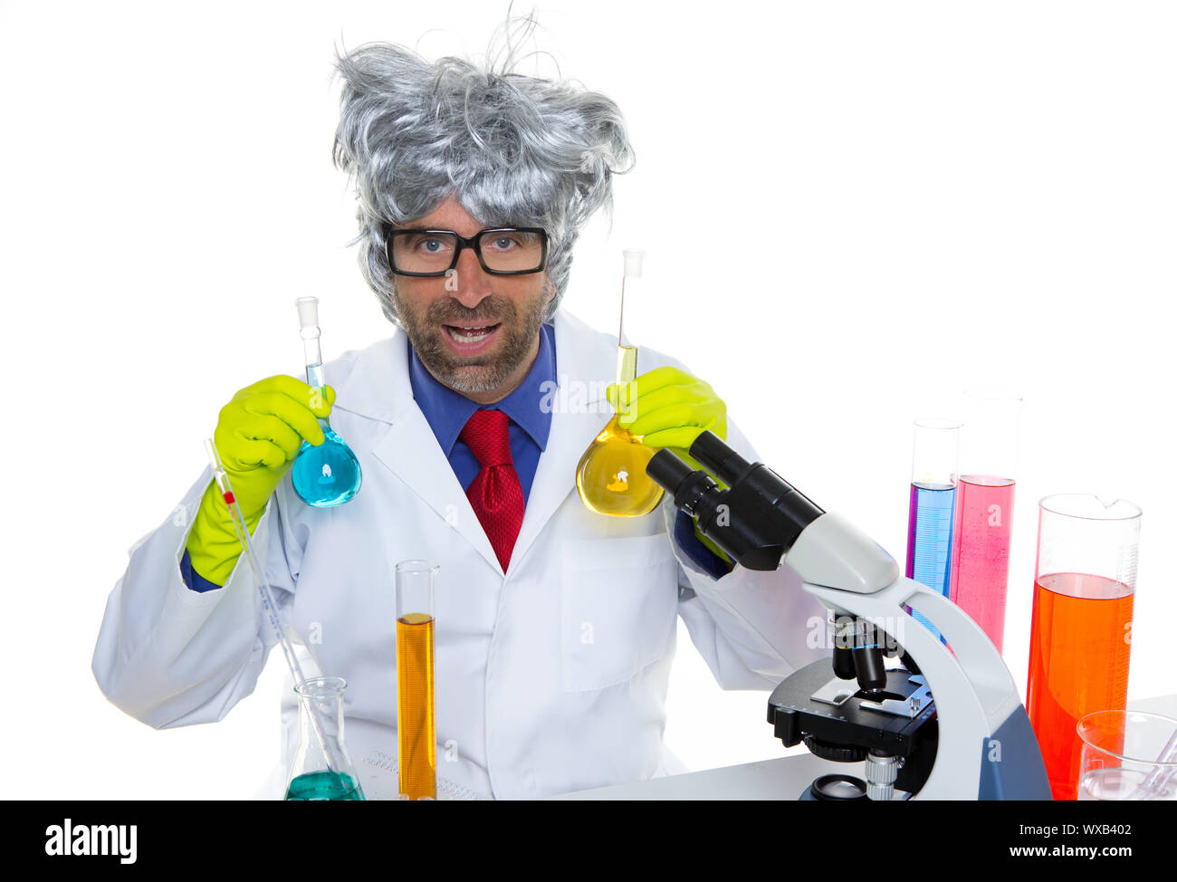 Crazy nerd scientist silly man gray hair on chemical laboratory Stock ...