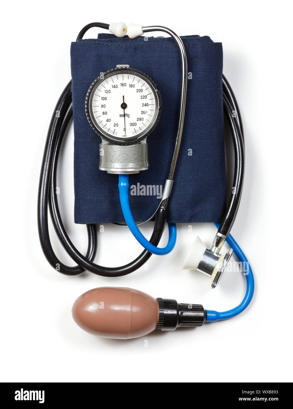 Manual aneroid sphygmomanometer with stethoscope on white background