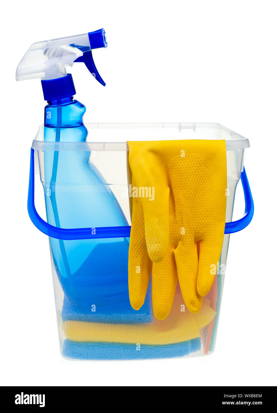 Transparent plastic bucket with cleaning supplies on white background ...