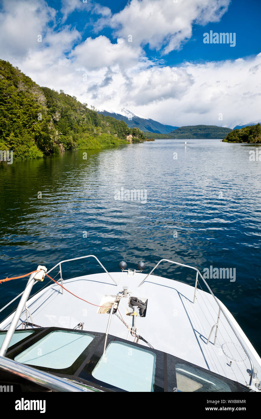 Cruise ship at Lake Manapouri in the South Island of New Zealand Stock ...