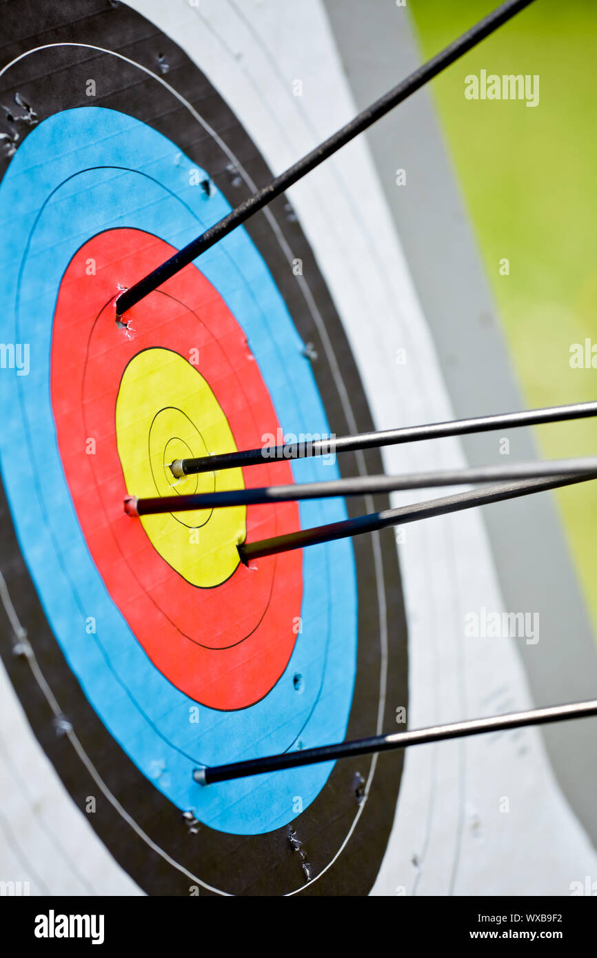 Archery target with arrow in the bullseye Stock Photo Alamy
