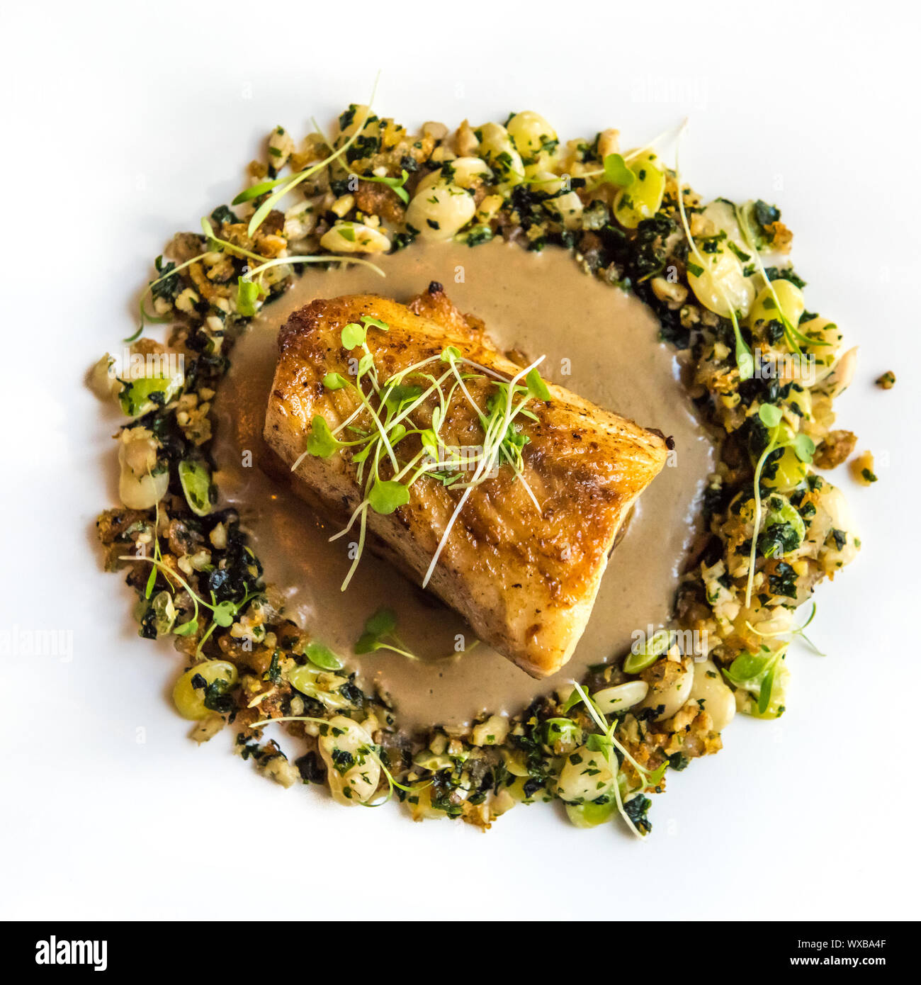Delicious fish dish at gourmet restaurant Stock Photo