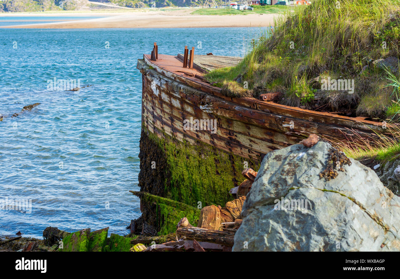 The prow of a big old ship, overgrown with moss and bushes. Nature takes its toll, destroying what man has created. Nature absorbs the old wooden ship Stock Photo