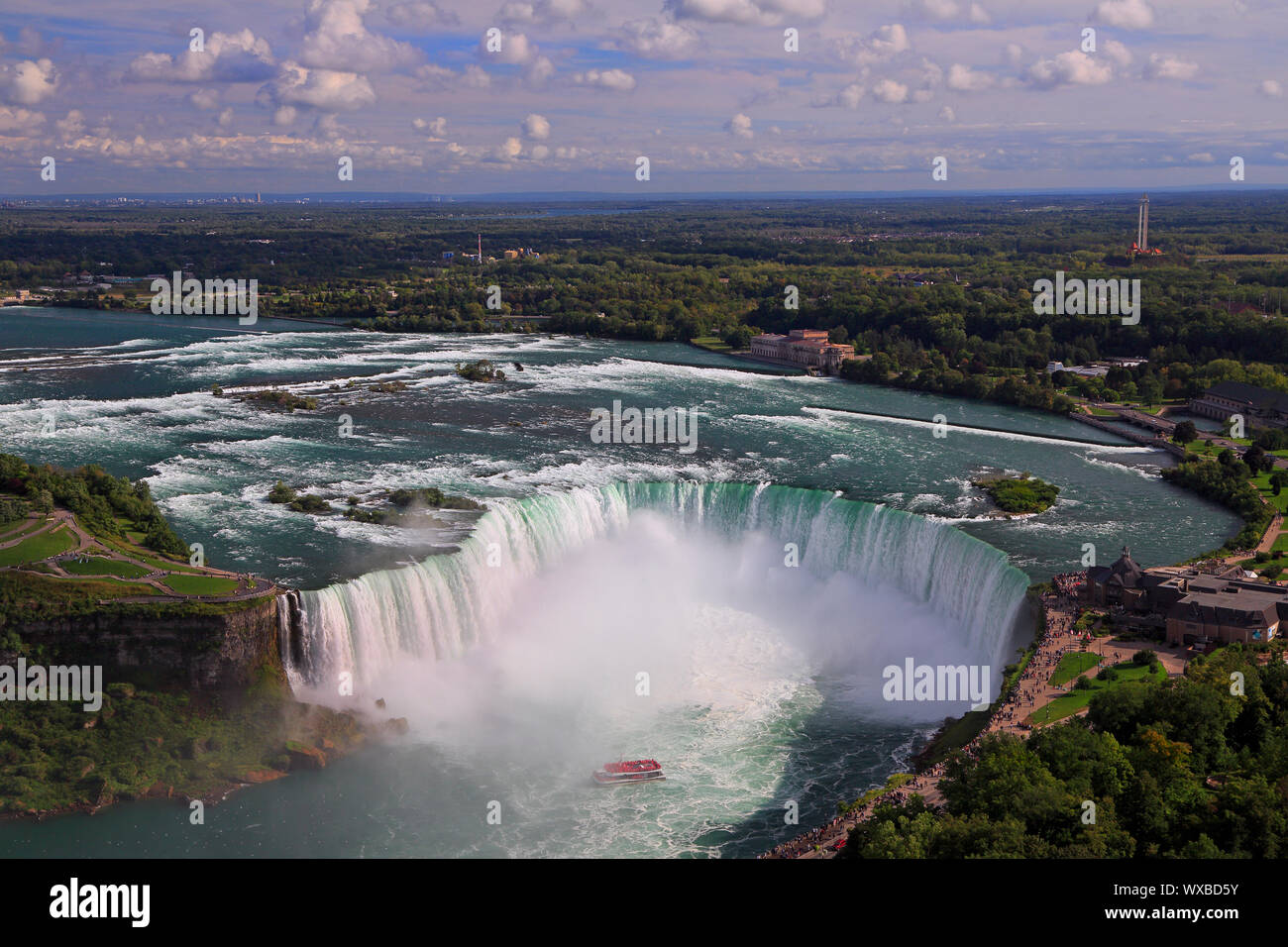 Horseshoe Falls including Hornblower Boat sailing on Niagara River, Canada and USA natural border Stock Photo