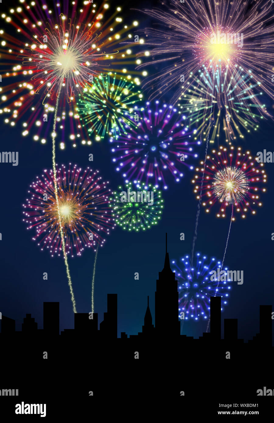 Fireworks happy New year siluette city night scene Stock Photo - Alamy