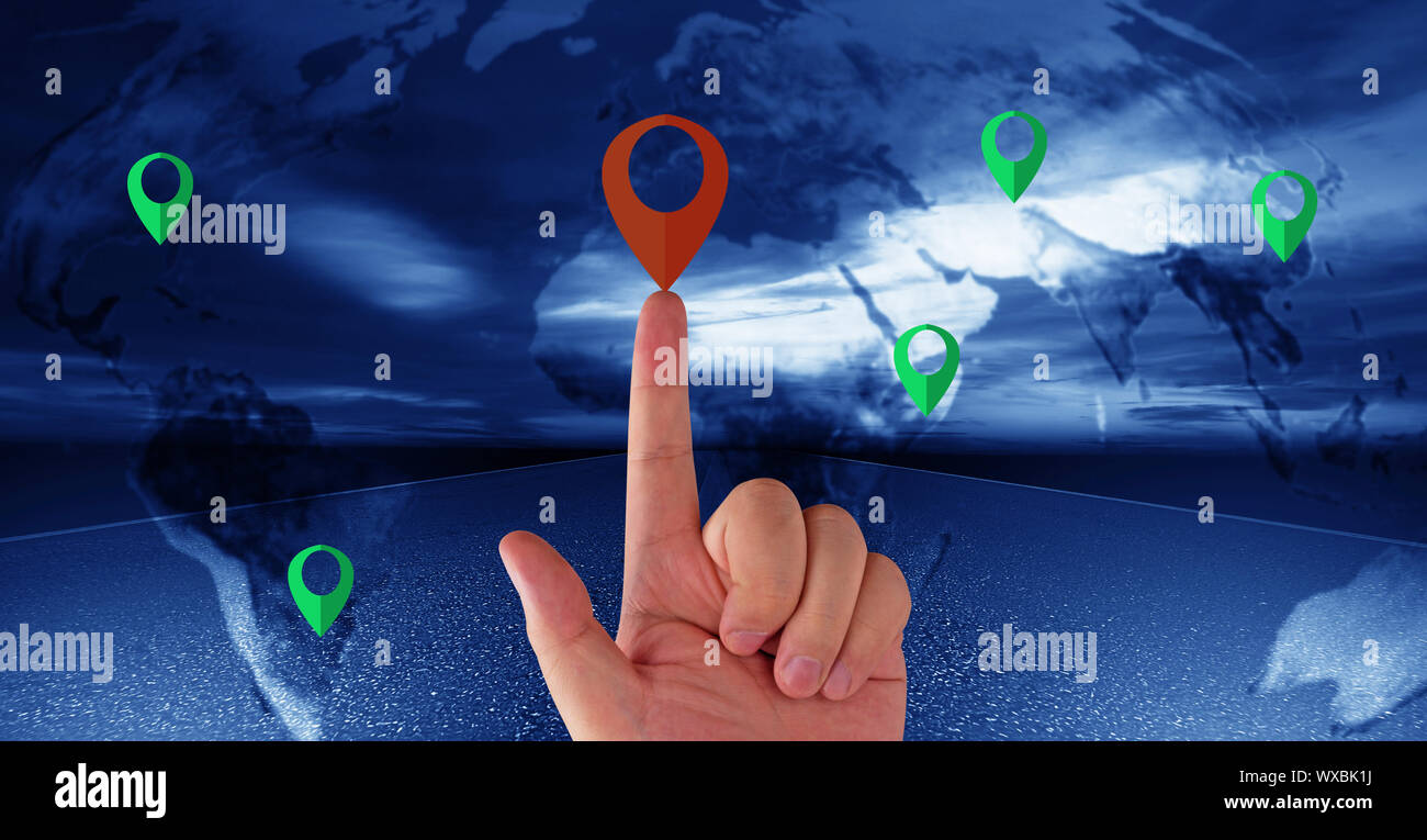 Navigation concept, male hand holding red pin, green pin on world map