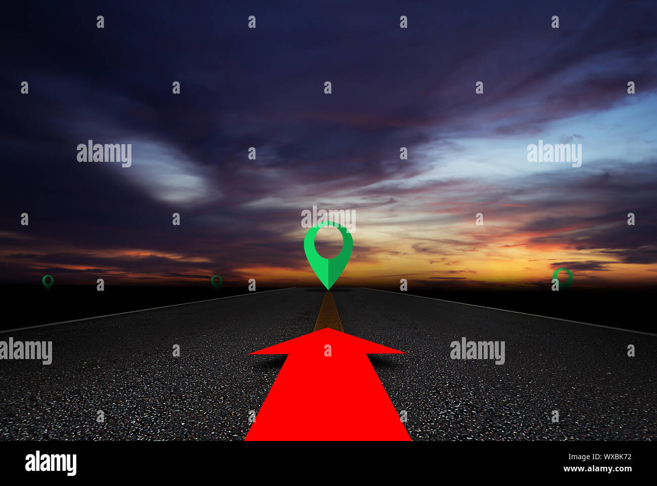 Navigation concept, road and red arrow with green pin on sky background ...
