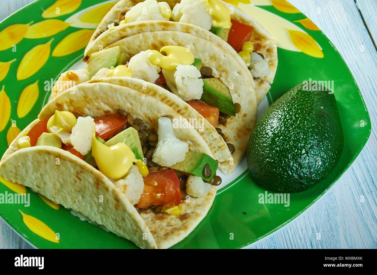 Roasted Cauliflower and Lentil Tacos Stock Photo