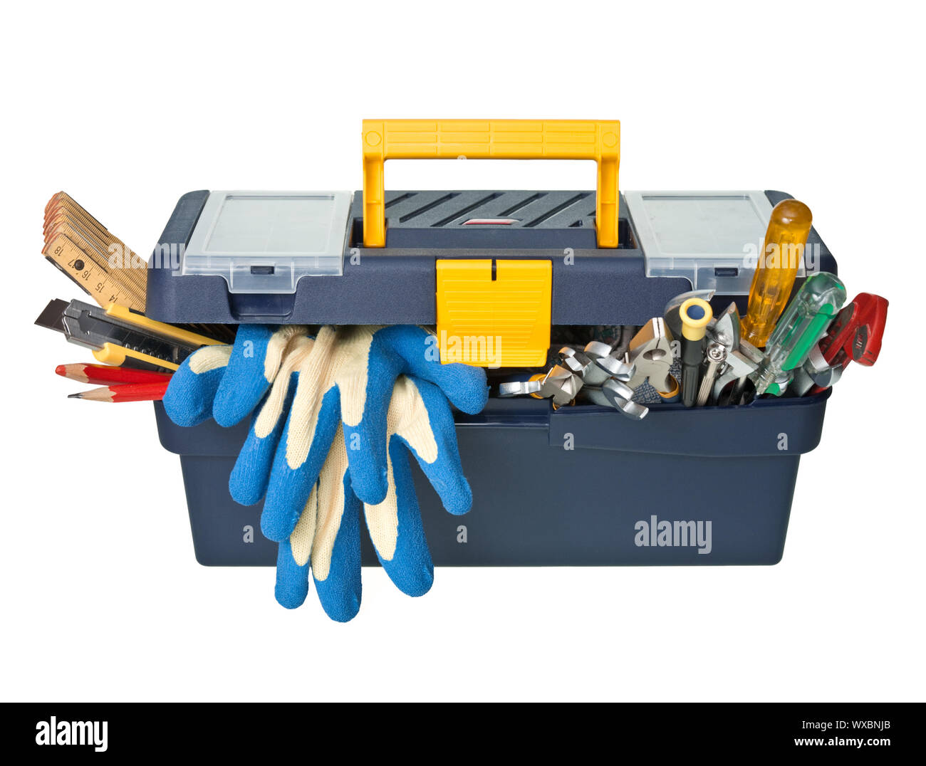 Plastic workbox with assorted tools on white background Stock Photo