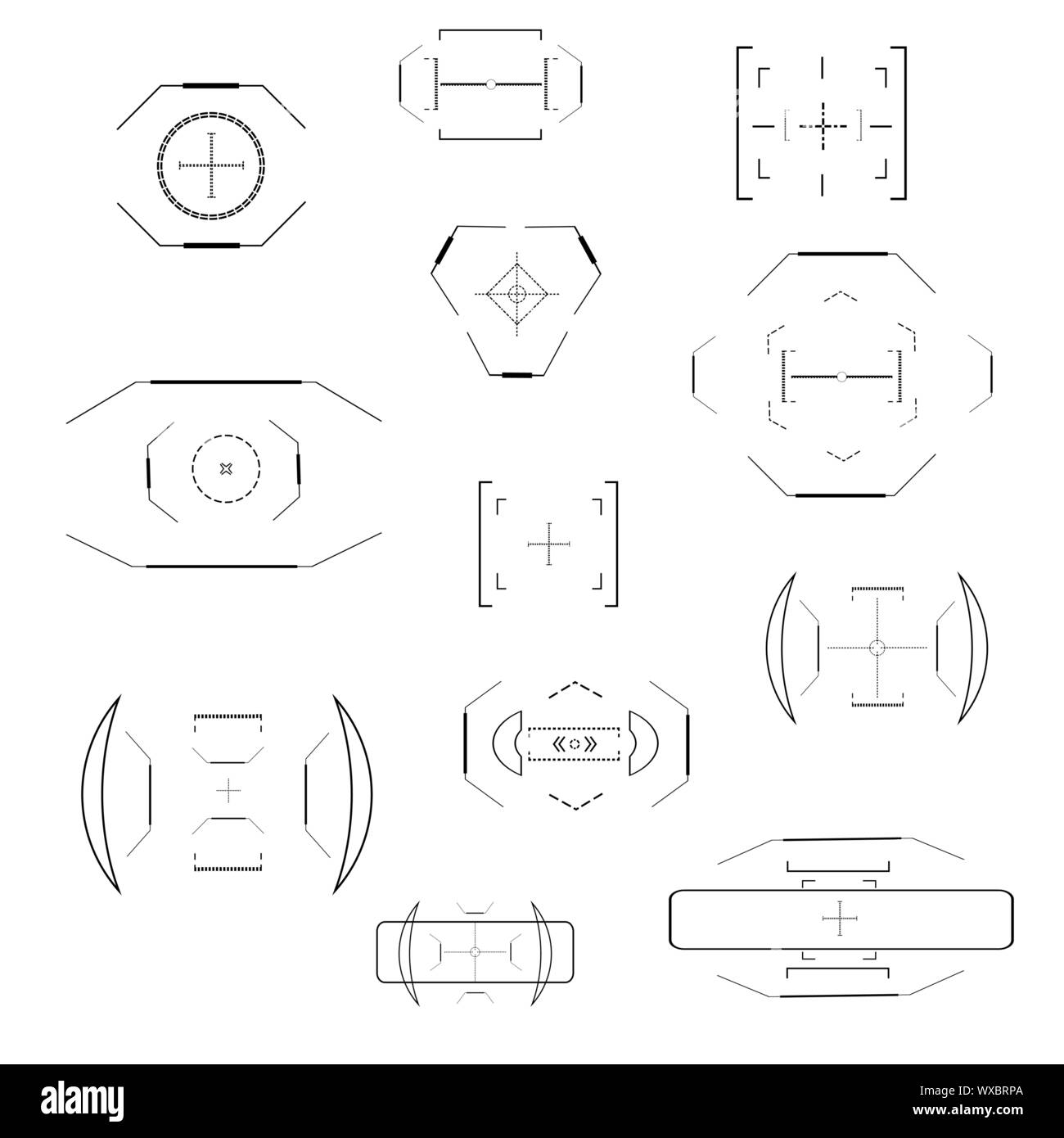 Futuristic optical aim. Military collimator sight, gun targets focus range indication. Sniper weapon target hud aiming modern accuracy crosshairs Stock Vector