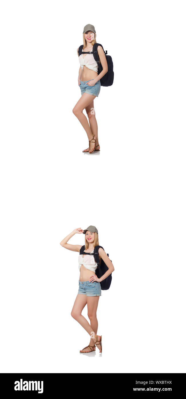 Beautiful woman in shorts with backpack Stock Photo - Alamy