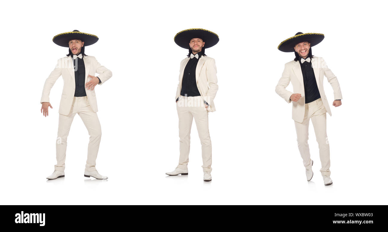 Funny mexican in suit and sombrero isolated on white Stock Photo