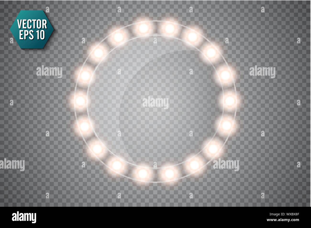 Makeup mirror isolated with gold lights. Vector round frames illustration Stock Vector