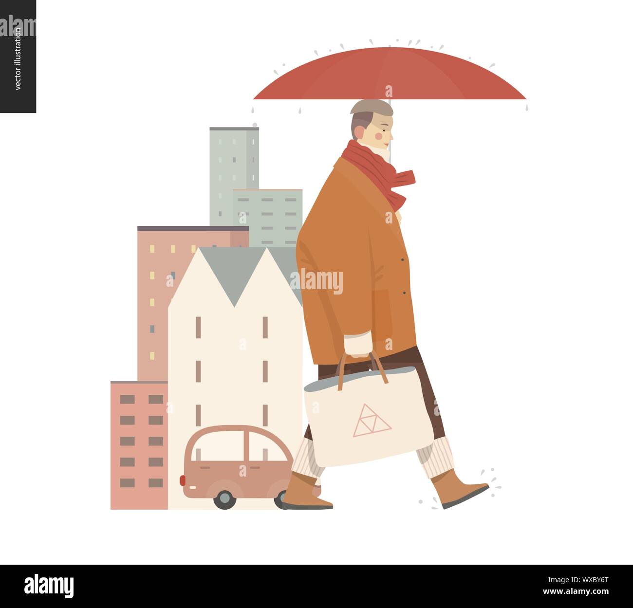 Rain -walking woman -modern flat vector concept illustration of adult woman wearing big coat and scarf, with umbrella and tote bag, standing in the ra Stock Vector