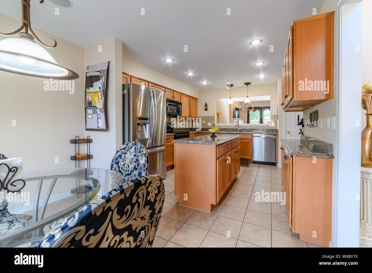 A large American kitchen in a suburban home. Stock Photo