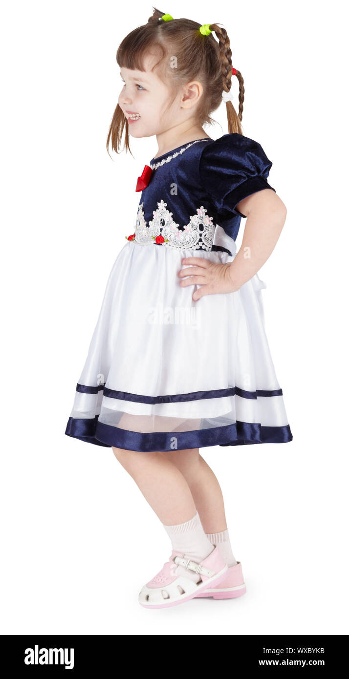 Funny little girl in a beautiful blue dress on a white background Stock ...