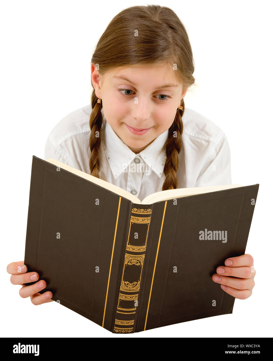 Girl reading the book on the white background Stock Photo - Alamy