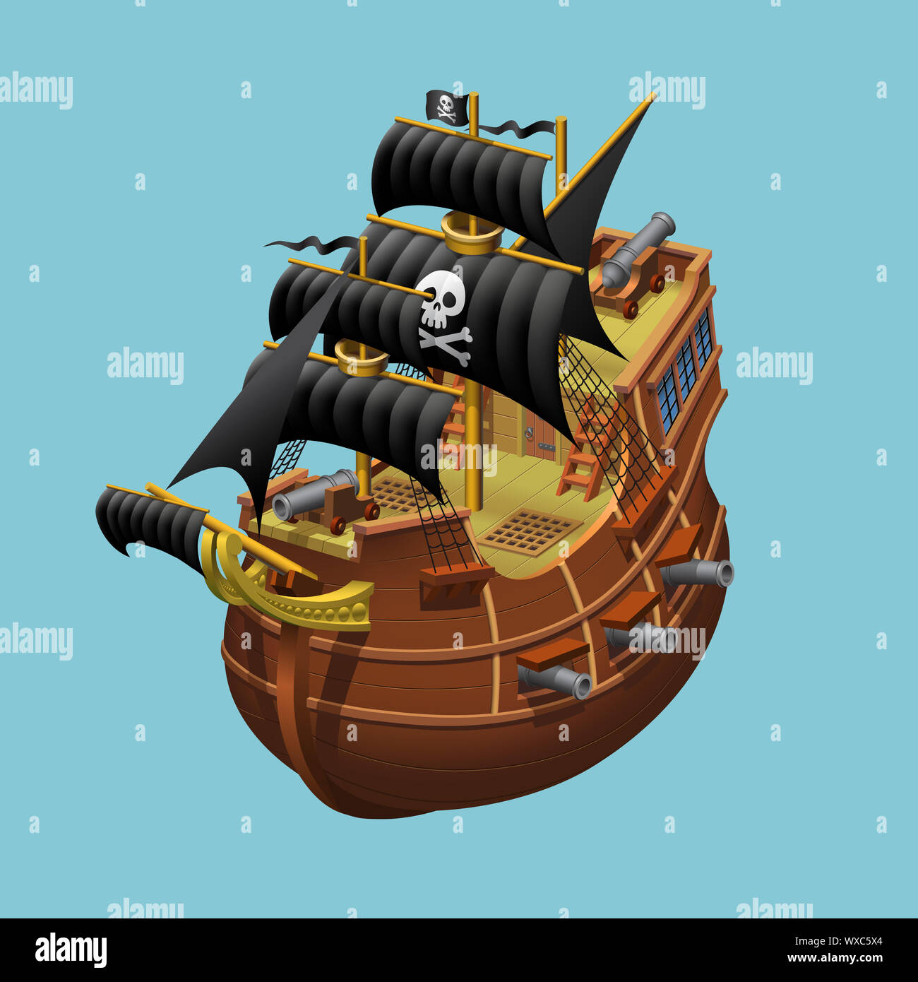 Pirate sailing old ship axonometric vector illustration Stock Photo