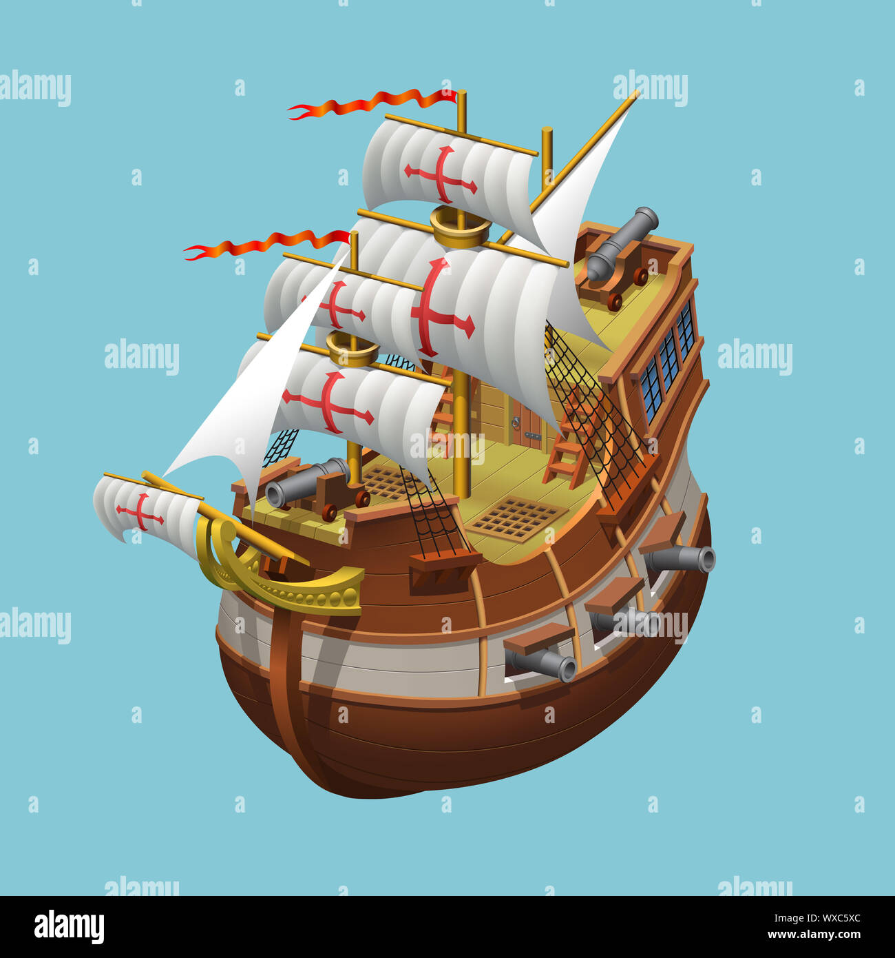 Galleon sailing old ship axonometric vector illustration Stock Photo