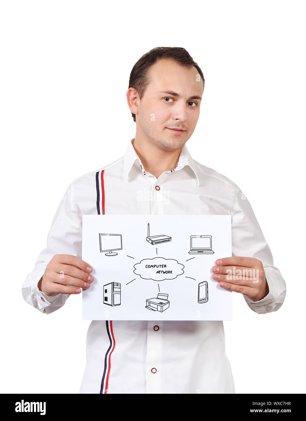 man holding placard with computer network Stock Photo