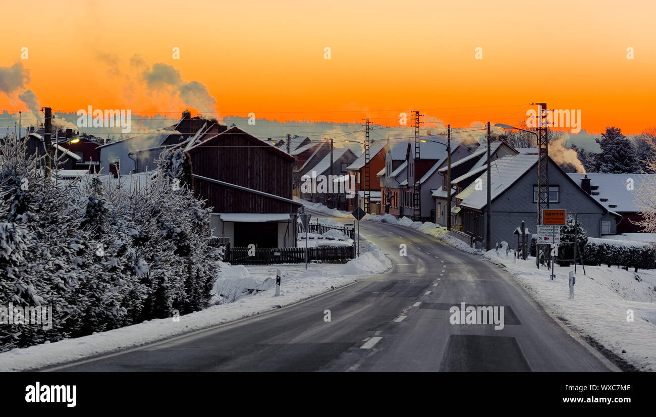 View over Siptenfelde in the Harz Mountains at sunrise Stock Photo