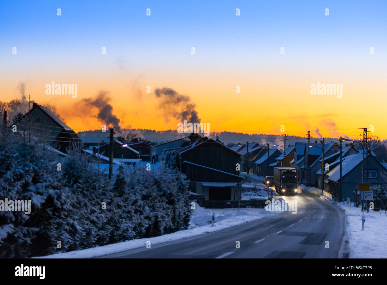View over Siptenfelde in the Harz Mountains at sunrise Stock Photo