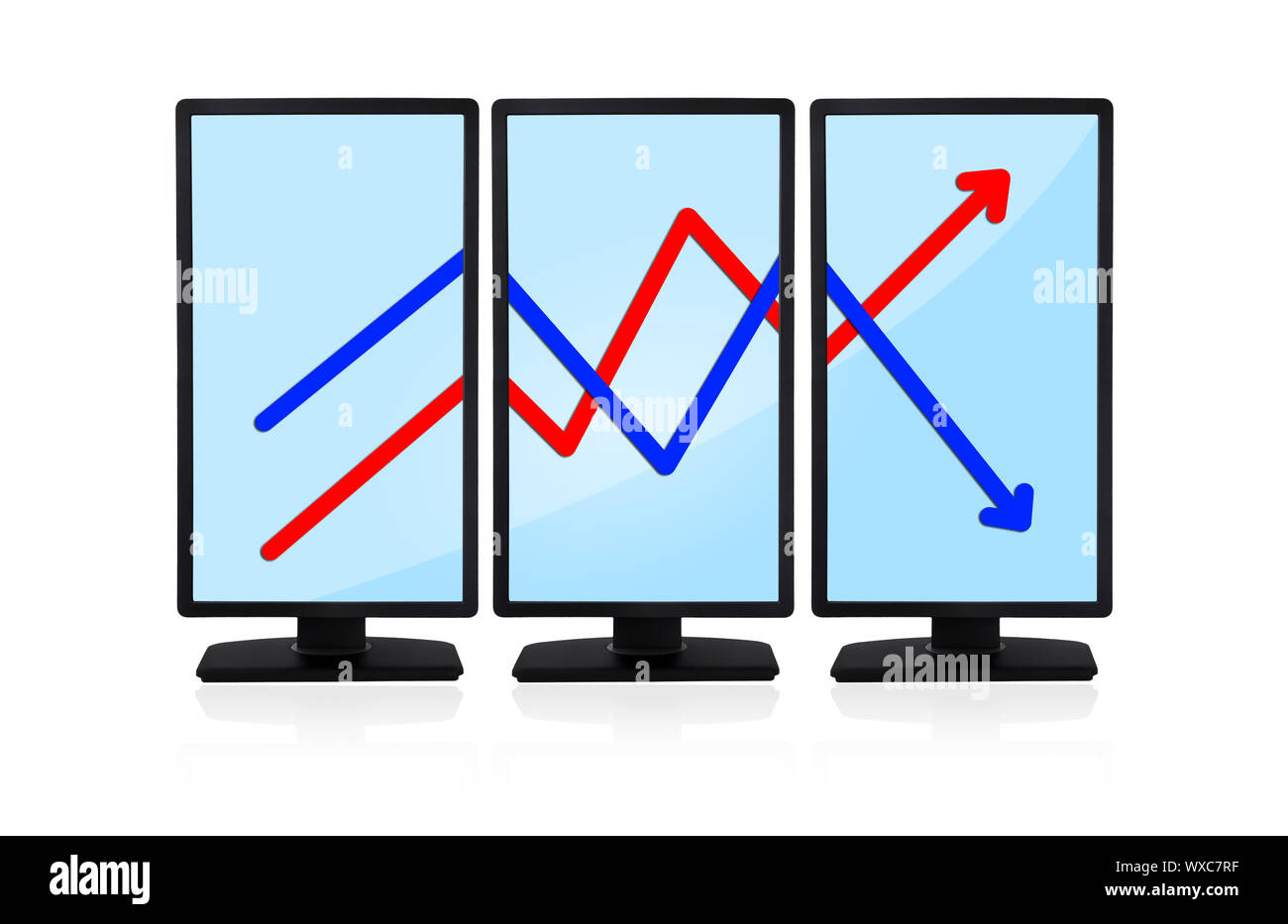 three computer monitor with growth chart Stock Photo Alamy