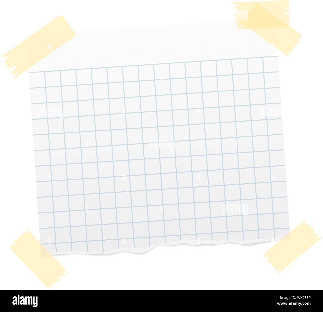 torn piece of quad-ruled paper with transparent sticky tape at corners and shadow vector illustration Stock Vector