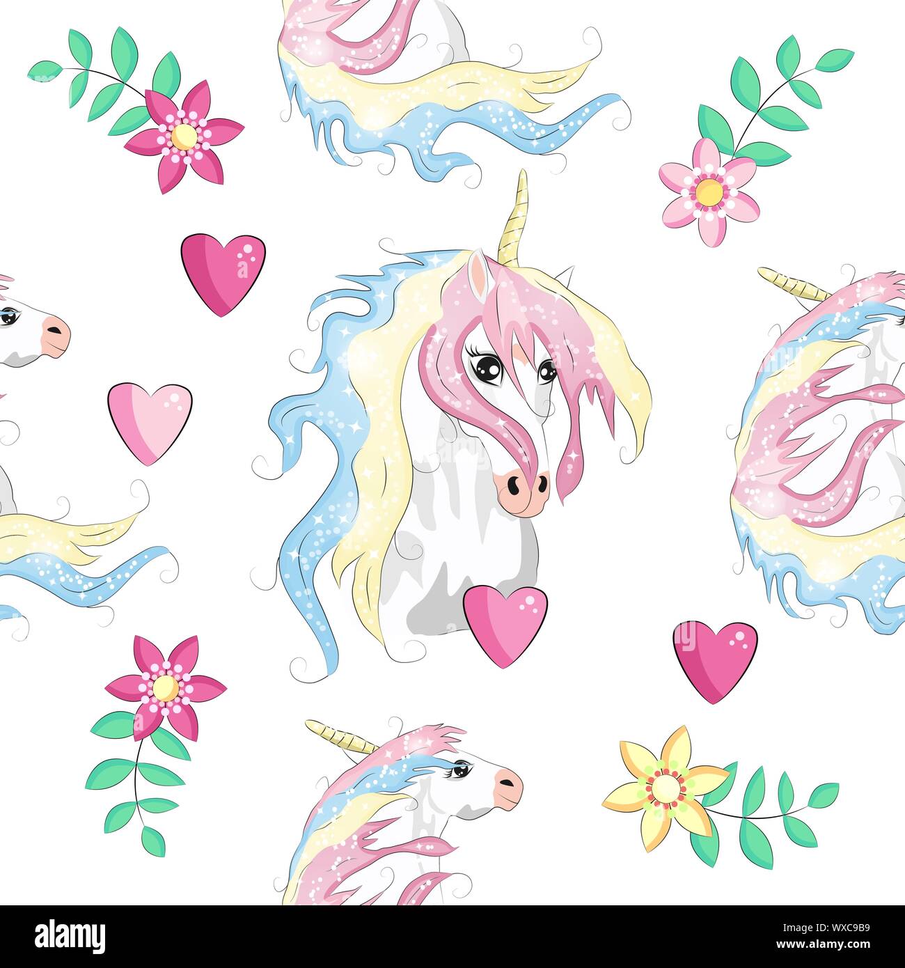 Seamless pattern with cute unicorns, clouds,rainbow and stars. Magic ...