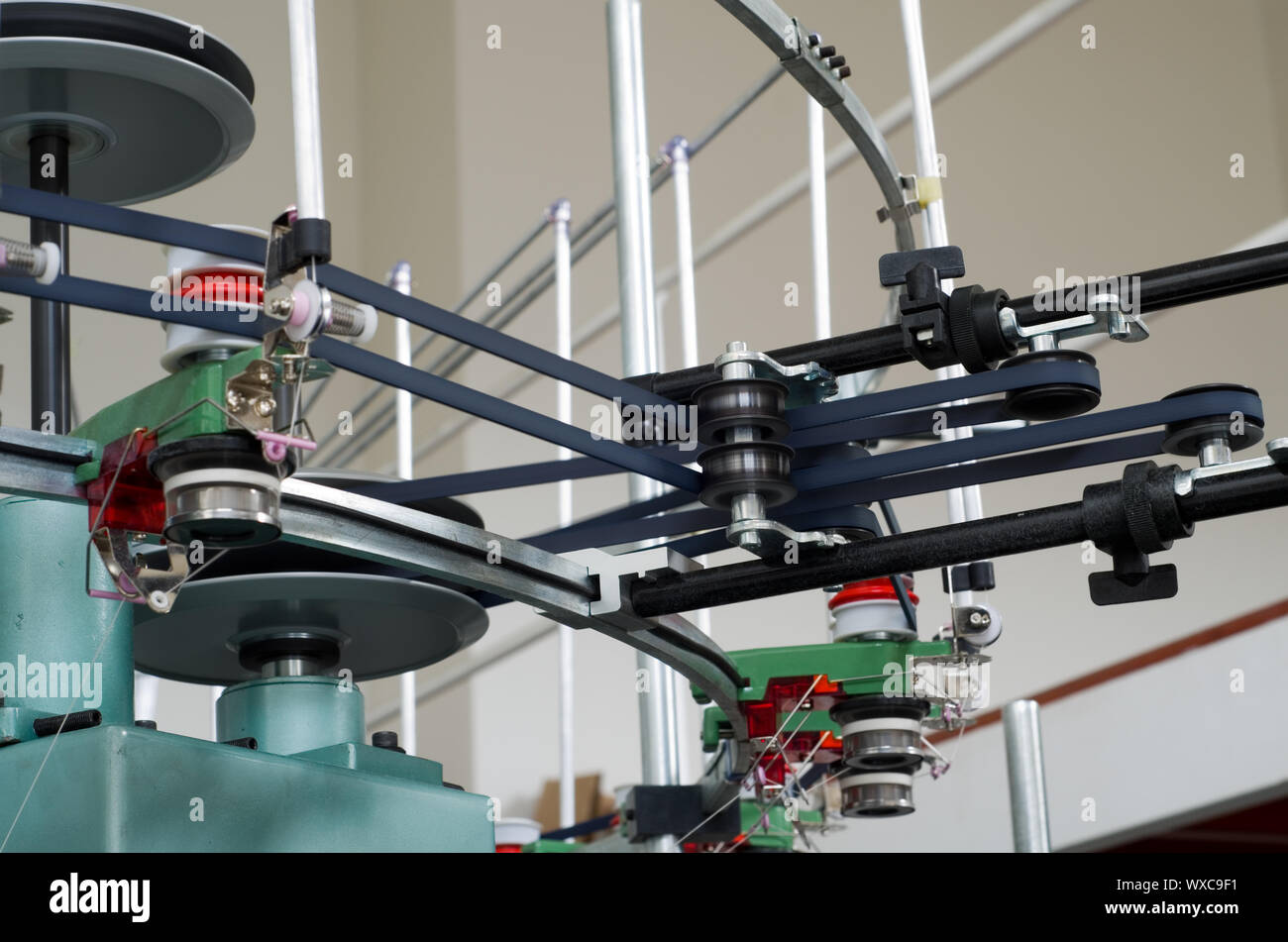Industrial textile manufacture weaving machine with motion blur Stock ...