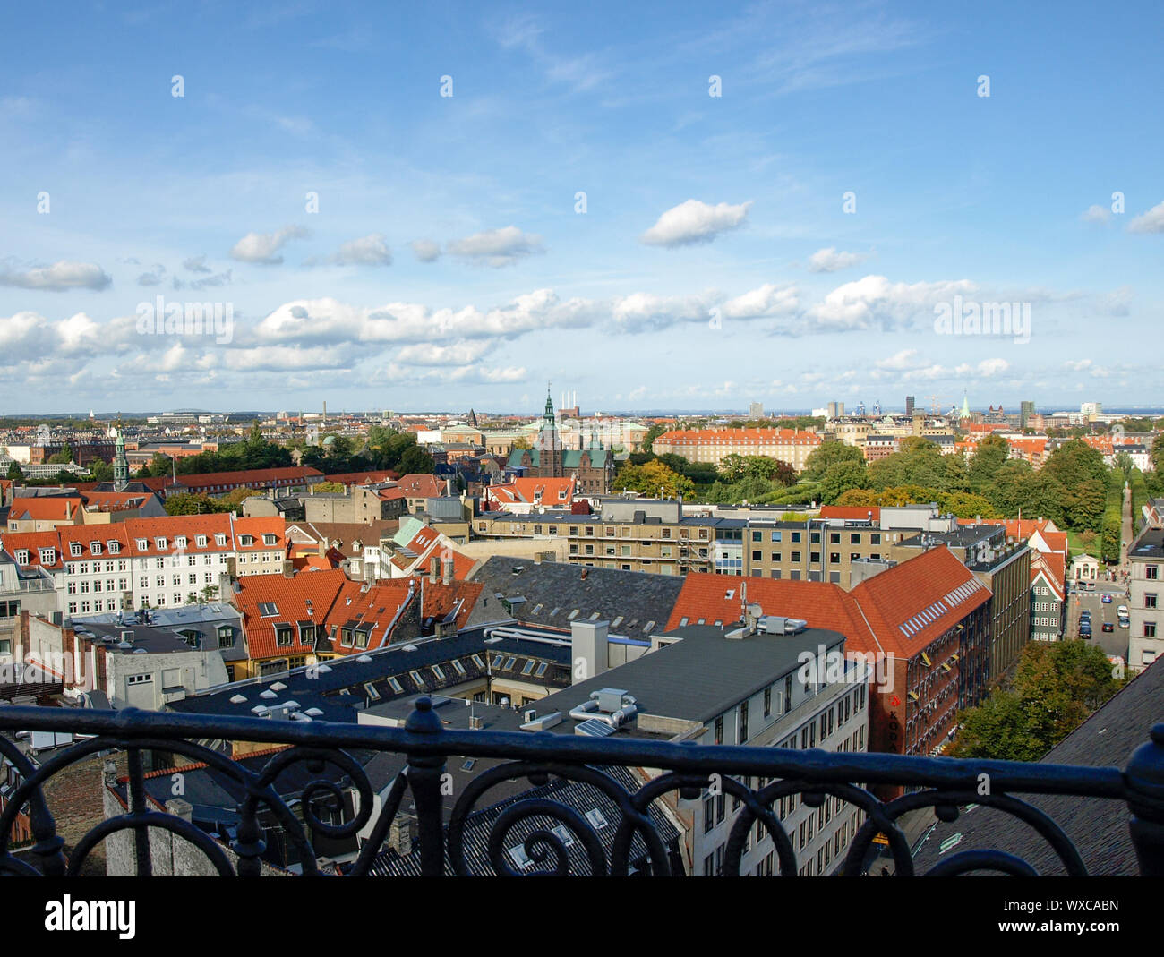 A view of Copenhagen skyline from observation deck of the Rundetårn (Rundetaarn, also known as the Round Tower in English). Copenhagen, Denmark. Stock Photo