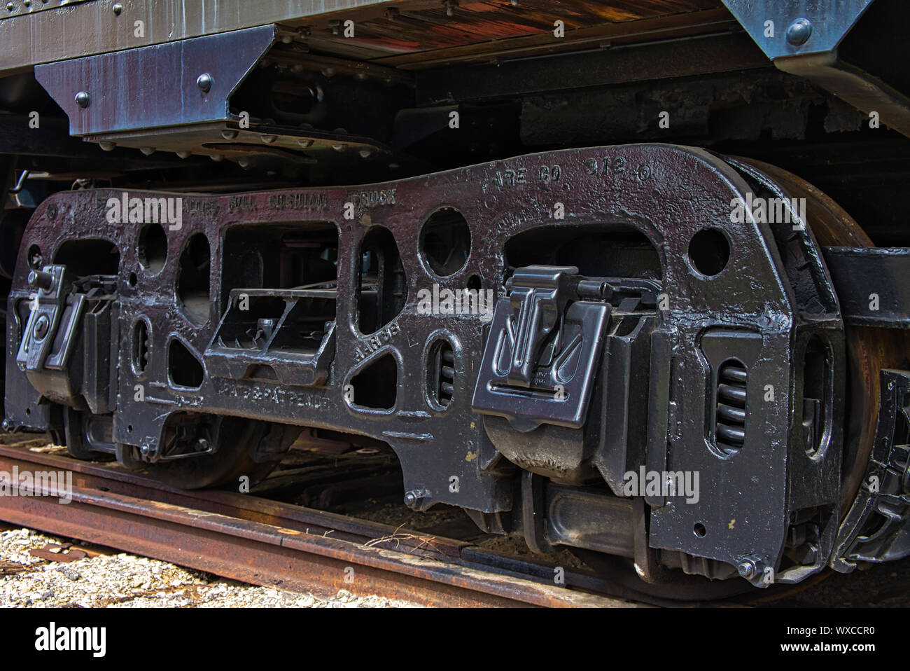 Pullman passenger train car boggie / truck wheel detail Stock Photo