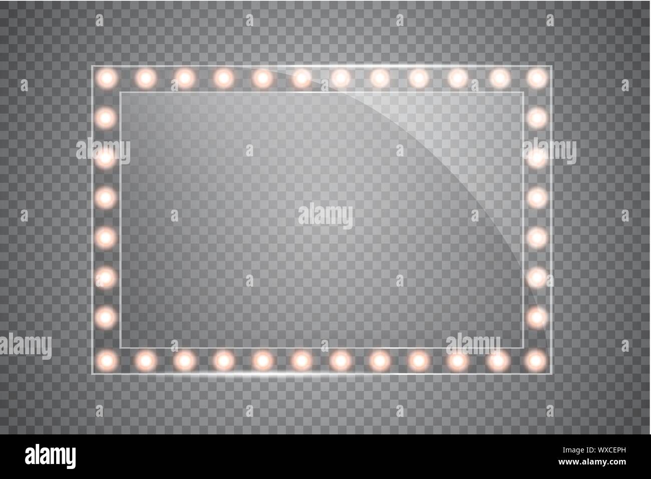 Makeup mirror isolated with gold lights. Vector square frames illustration Stock Vector