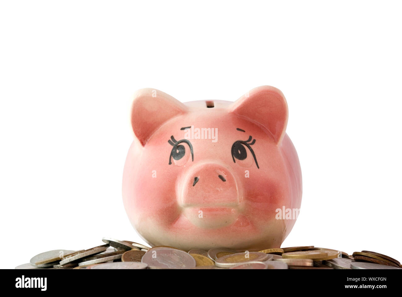 Pink piggy bank isolated on white background with coins Stock Photo - Alamy