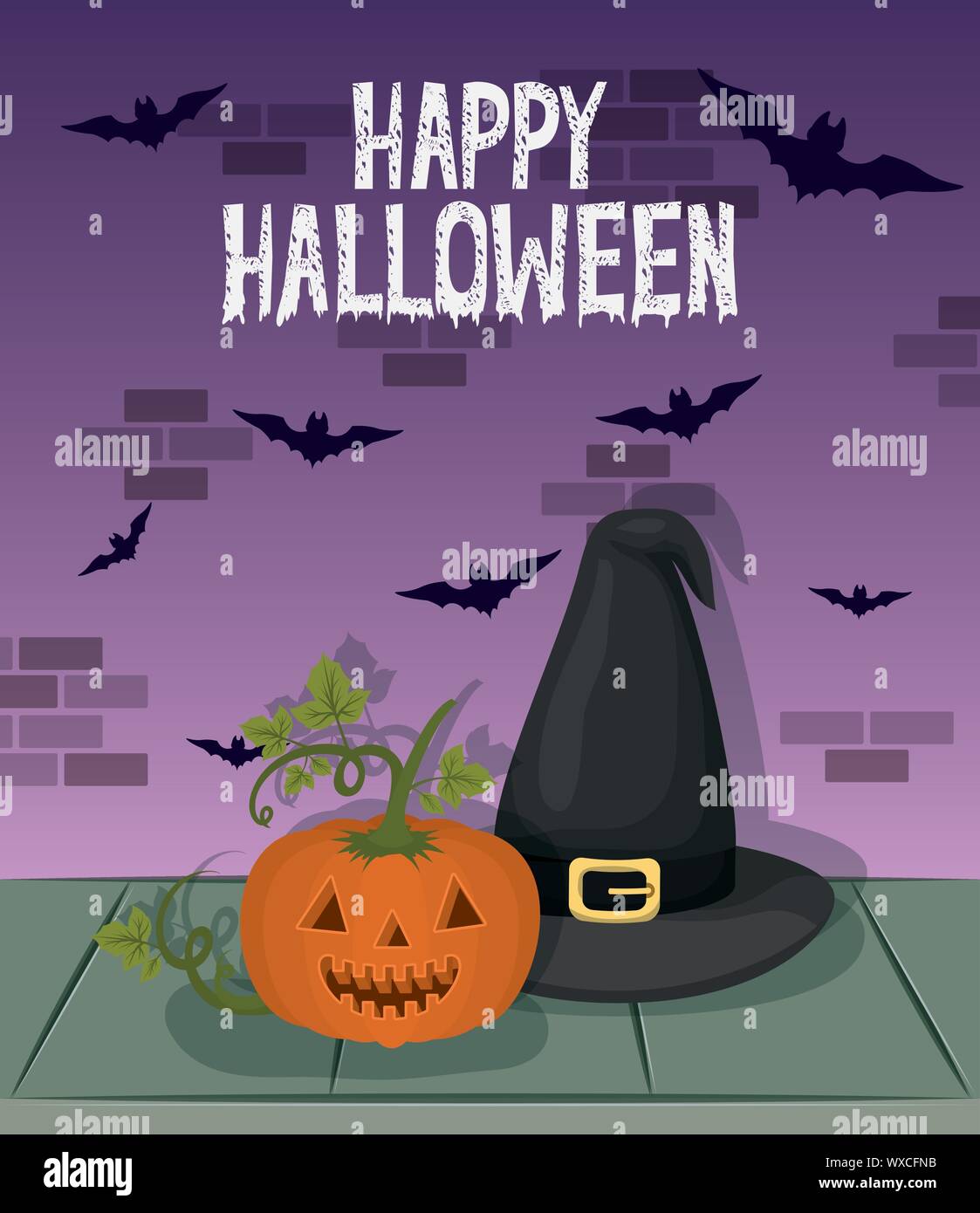 halloween celebration card with witch hat and pumpkin Stock Vector ...