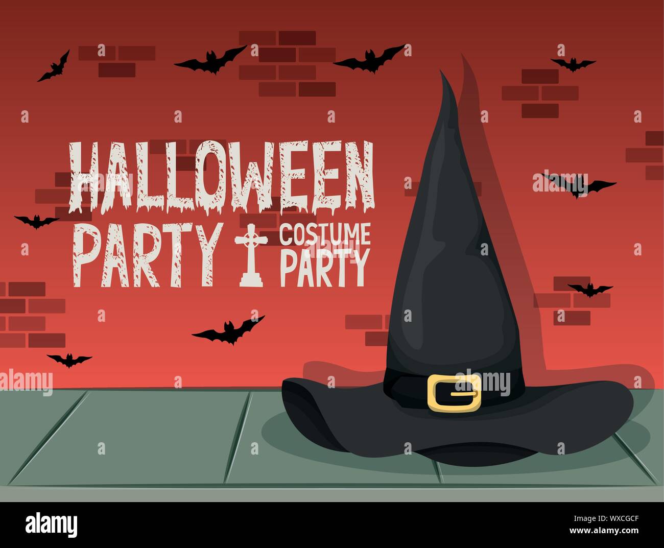 halloween celebration card with witch hat and bats Stock Vector Image ...