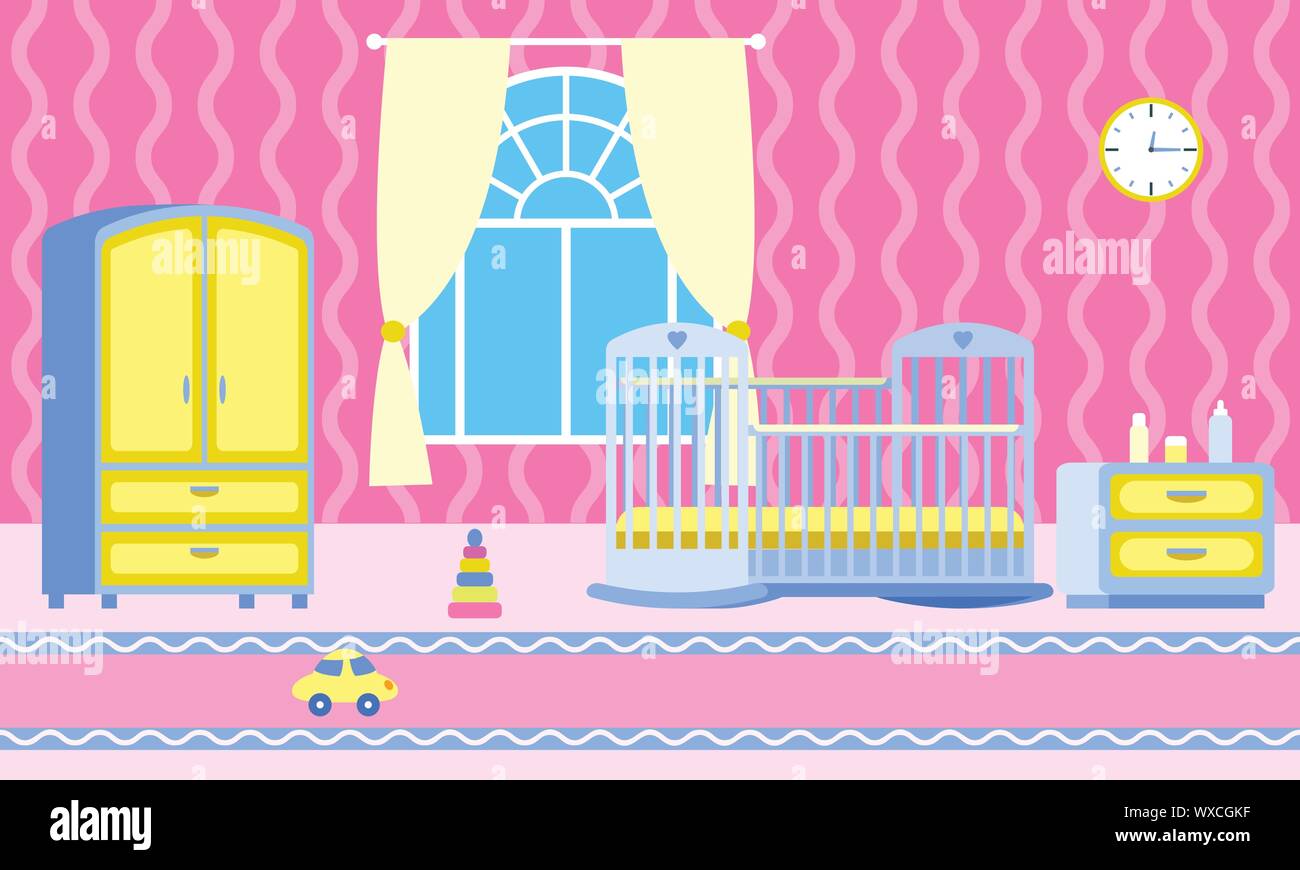 Baby girl room concept banner. Flat illustration of baby girl room ...