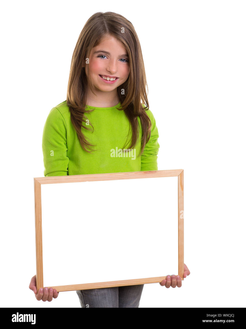 child smiling girl with blank white frame copy space white blackboard ...