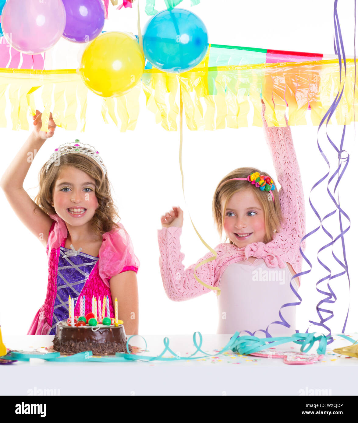 children happy birthday party girls with balloons and chocolate cake ...