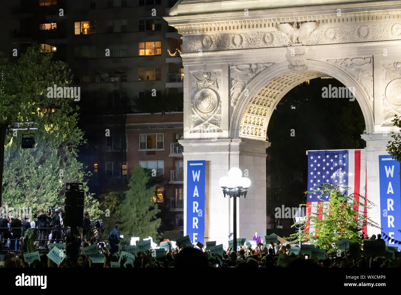 NEW YORK CITY September 2019: Senator Elizabeth Warren speaks to a crowd of people at a presidential campaign rally in Washington Square Park. Stock Photo