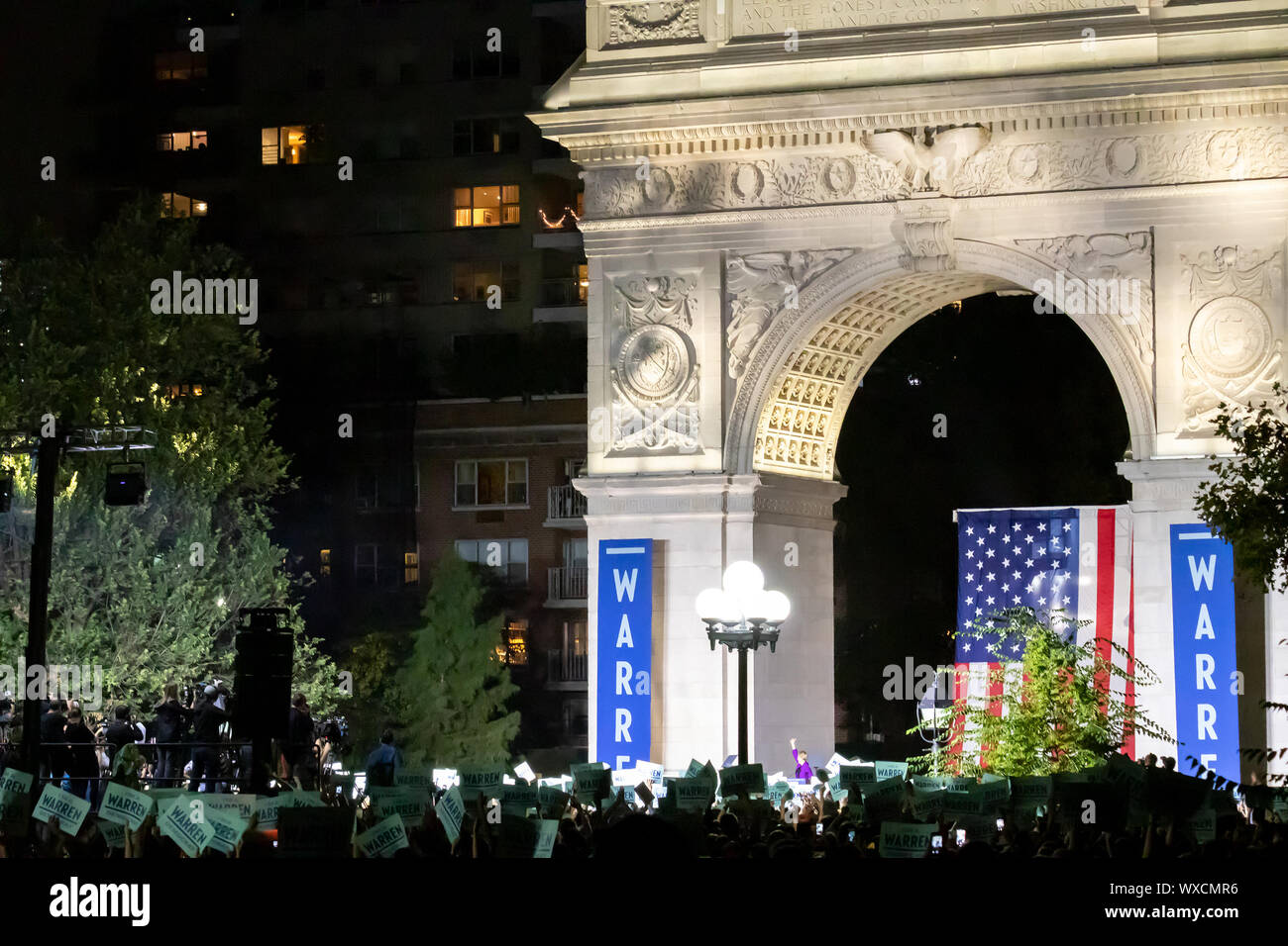 NEW YORK CITY September 2019: Senator Elizabeth Warren speaks to a crowd of people at a presidential campaign rally in Washington Square Park. Stock Photo