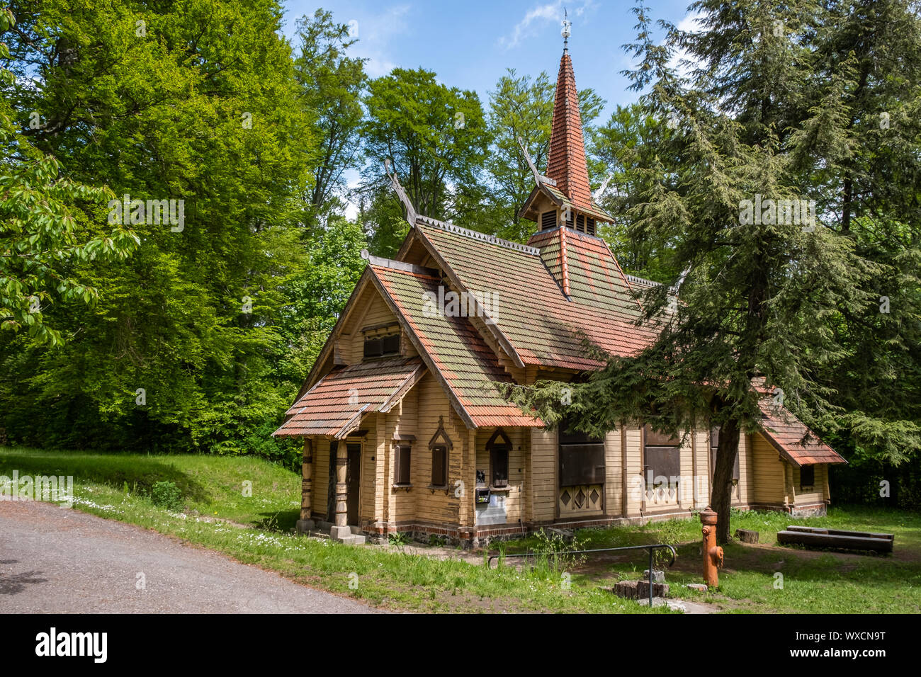 Stave church wooden church Albrechtshaus Staircase in the Harz Mountains Stock Photo