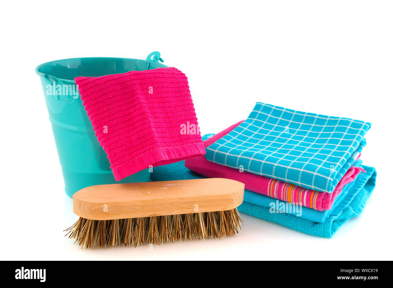 Metal bucket with scrubbing brush and dish clothes Stock Photo Alamy