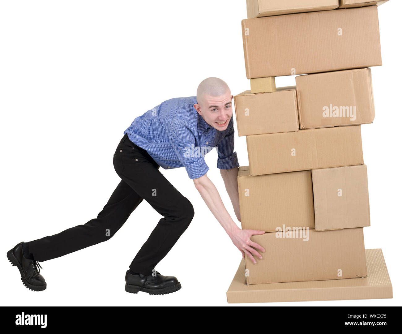 Push Piling Man push pile from cardboard boxes on white Stock Photo - Alamy
