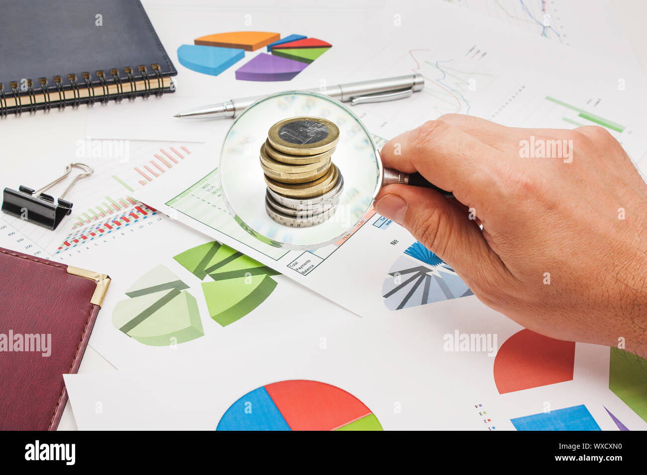 Graphs tables and documents laid on the table Stock Photo