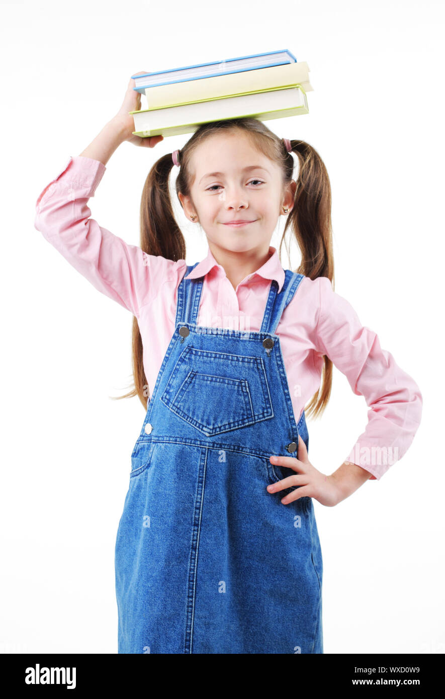 Cute girl with book on white background Stock Photo - Alamy