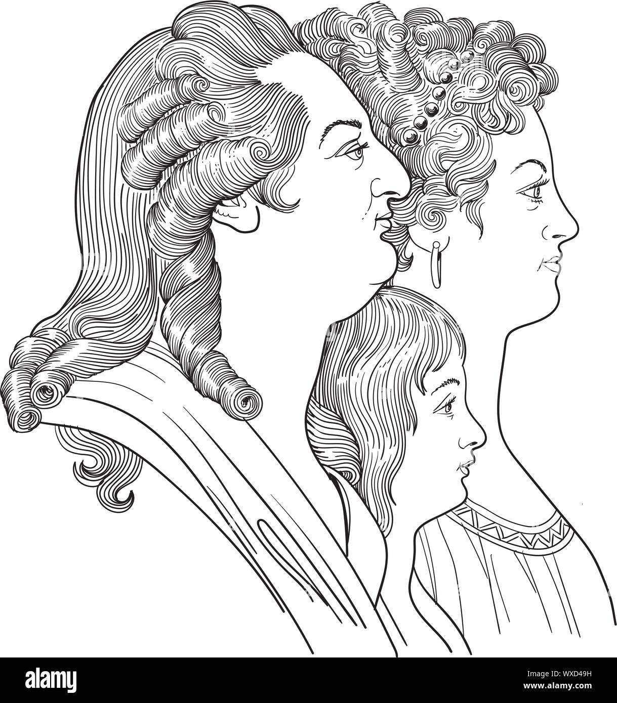 King Louis XVI cartoon and his family portrait, vector Stock Vector