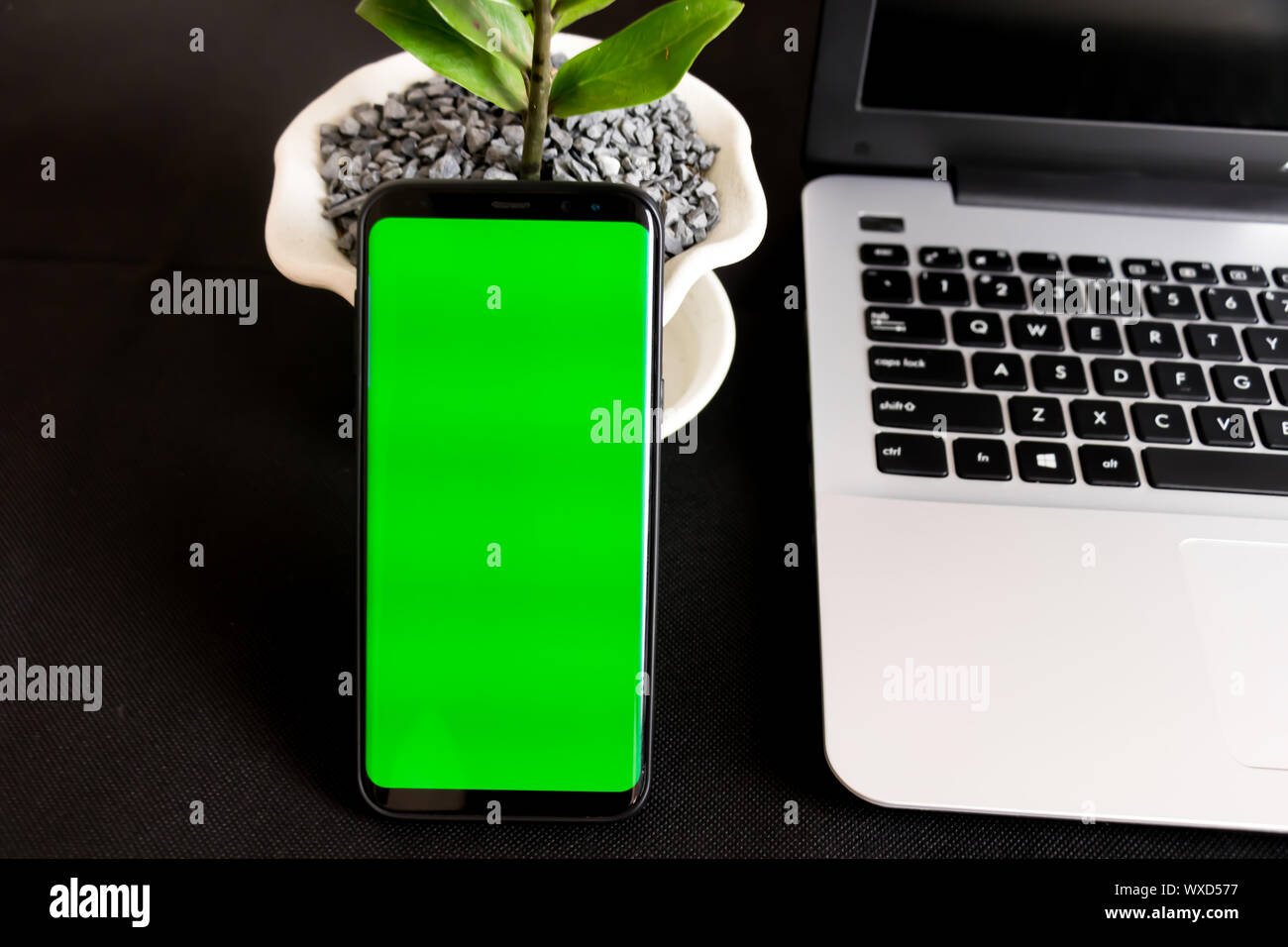 Black office desk with smartphone in green screen, office plant Stock Photo