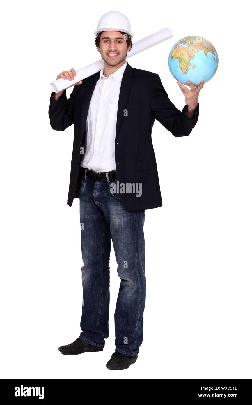 Architect holding globe Stock Photo